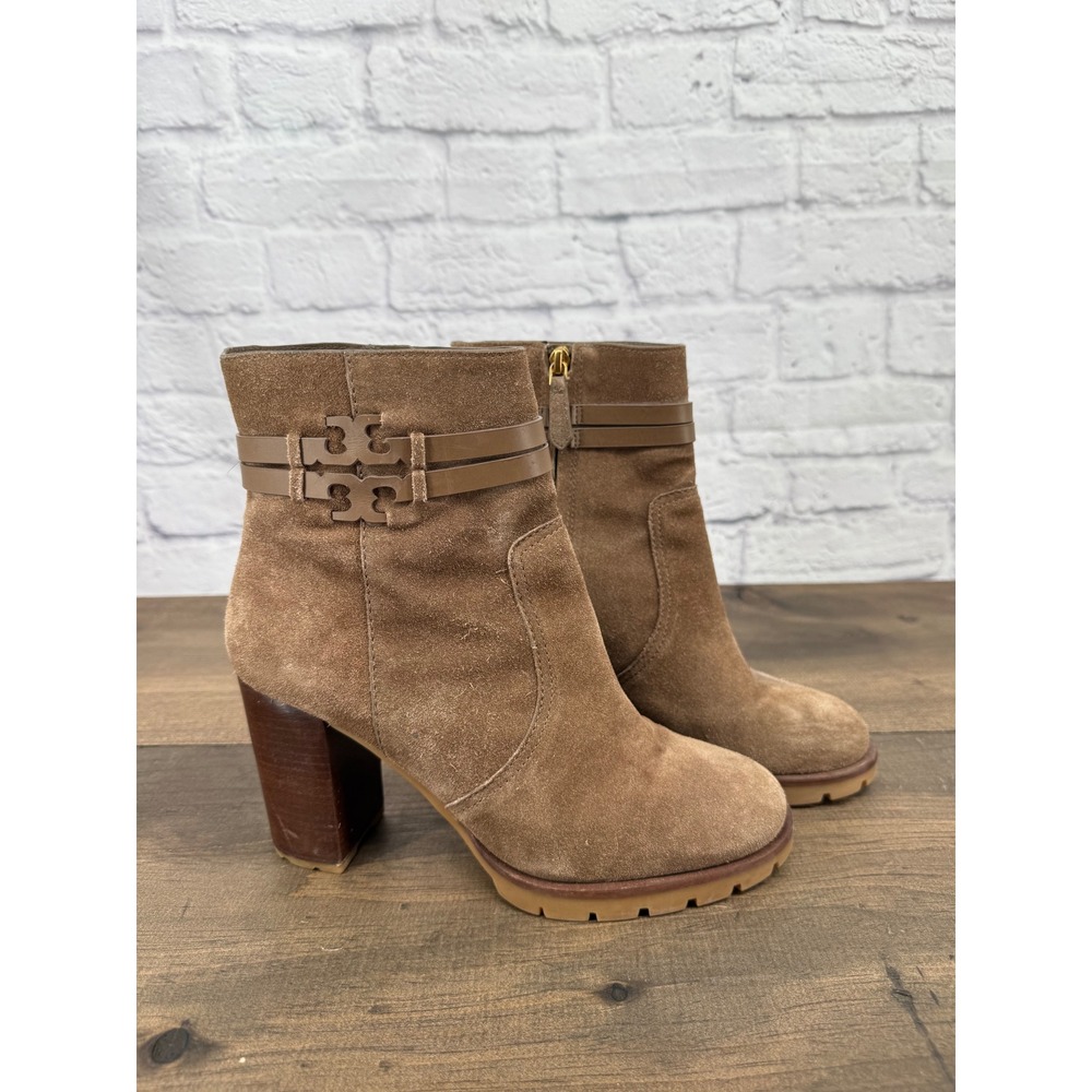 Tory Burch Leigh Brown Suede Double T Logo Lug Sole Ankle Boots 8.5M - Picture 2 of 15
